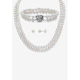 Plus Size Women's Pearl 3-Piece Earring, Double Strand Necklace And Bracelet Set In Sterling Silver 18" by PalmBeach Jewelry in Pearl