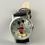 Disney Accessories | Disney Mickey Mouse Black Leather Strap Watch | Color: Black/Silver | Size: Os