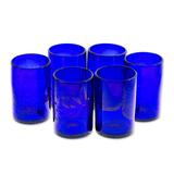 Paloma Azul,'Etched Blue Blown Glass Tumblers (Set of 6)'