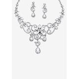 Women's Silver Tone Swirl and Flower Bib Necklace and Bracelet Set, Crystal by PalmBeach Jewelry in Silver