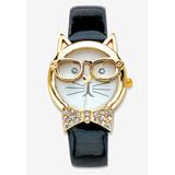 Women's Gold Tone Bowtie Cat Watch with Adjustable Black Strap 8" by PalmBeach Jewelry in Black