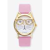 Women's Gold Tone Crystal Bowtie Cat Watch with Adjustable Pink Strap, 8" by PalmBeach Jewelry in Gold