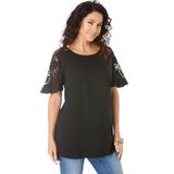 Plus Size Women's Lace-Sleeve Tee by Roaman's in Black (Size 14/16)