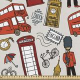 East Urban Home fab_49163_Ambesonne London Fabric By The Yard, Doodle English Crown London Cab Telephone Booth Watch Big Ben Umbrella Bicycle