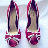 Jessica Simpson Shoes | Jessica Simpson Hot Red Peep Toe Pumps | Color: Red/White | Size: 11