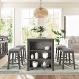 Rosalind Wheeler 5 Pieces Counter Height Rustic Farmhouse Dining Room Wooden Bar Table Set w/ 4 Stool, Gray Wood/Upholstered Chairs in Brown/Gray