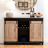 Gracie Oaks Modern Industrial Black Wine Bar Cabinet w/ Natural Top & Sliding Doors. Wood in Black/Brown, Size 32.25 H x 15.75 D in | Wayfair
