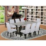 Winston Porter Aimee-Jo 9-Pc Dining Table Set - 8 Kitchen Chairs & 1 Modern Rectangular Distressed Jacobean Wood Dining Table Top w/ High Chair Back