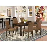 Lark Manor™ Melini Rubber Solid Wood Dining Set Wood/Upholstered Chairs in Gray/Brown, Size 30.0 H in | Wayfair 793AC997890541C08B8090CBBCC3974B