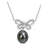 Belk & Co Women's 9 Millimeter Tahitian Cultured Pearl and 1/10 ct. t.w. Diamond-Accent Bow Necklace in 10K White Gold