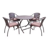 5Pcs Cafe Curved Back Chairs And Folding Wicker Table Dining Set - Brown Cushions- Jeco Wholesale W00501R-G-FS007