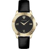 Greca Signature Lady Stainless Steel Logo Leather Strap Watch - Black - Versace Watches