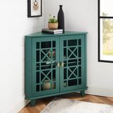 Welwick Designs Dark Teal Wood and Glass Corner Accent Cabinet with Fretwork Doors