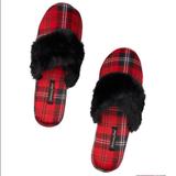 Victoria's Secret Shoes | Sold Victorias Secret Fur Red Plaid Slippers With Bag | Color: Black/Red | Size: S 5-6