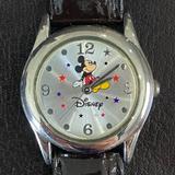 Disney Jewelry | Mickey Mouse Star Leather Band Disney Ladies Watch | Color: Black/Blue/Red/Tan | Size: Os