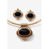 Plus Size Women's Yellow Gold Plated Antiqued 2 Piece Set Pendant (37mm) Oval Shaped Natural Black Onyx by PalmBeach Jewelry in Yellow Gold