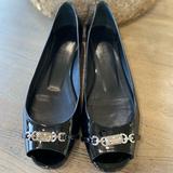 Gucci Shoes | Gucci Black Patent Leather Salandia Peep Flat 38.5 | Color: Black/Silver | Size: 8.5