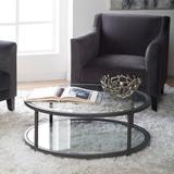 Ebern Designs Haye Floor Shelf Coffee Table Glass/Metal in Gray, Size 15.0 H x 38.0 W x 38.0 D in | Wayfair D817634069DE4299ABD3E0053B015BD1