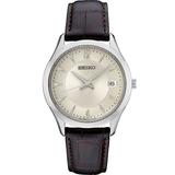 Seiko Men's Essential Cream Dial Brown Leather Strap Watch - SUR421, Size: Large