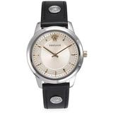 Cream Dial Stainless Steel & Leather Strap Watch - Metallic - Versace Watches