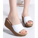NANIYA Women's Sandals white - White & Brown Contrast-Sole Leather Wedge Slide - Women