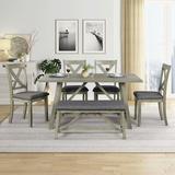 Gracie Oaks Rustic Dining Table Set 6-Piece - 1 Wood Table + 4 Chairs + 1 Bench For Living Room(Gray) Wood/Upholstered Chairs in Brown/Gray | Wayfair