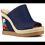 Nine West Shoes | Nine West Vip Denim Wedge Sandal With Embr. Sz 11m | Color: Blue | Size: 11