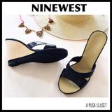 Nine West Shoes | Black Slides Wedge Platform Leather Strap Sandals | Color: Black | Size: 7.5