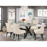 Lark Manor™ Mindenmines 7-Pc Dinette Room Set - 6 Kitchen Chairs & 1 Modern Rectangular Cement Kitchen Dining Table Top w/ Button Tufted Chair Back
