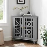 Welwick Designs Grey Wood and Glass Corner Accent Cabinet with Fretwork Doors