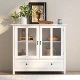 Ebern Designs Buffet Storage Cabinet w/ Double Glass Doors & Unique Bell Handle Wood in Brown/White, Size 35.43 H x 41.34 W x 15.55 D in | Wayfair