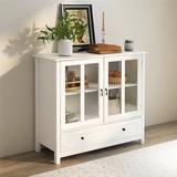 Red Barrel Studio® Buffet Storage Cabinet w/ Double Glass Doors & Unique Bell Handle Wood in Brown/White, Size 35.43 H x 41.43 W x 15.55 D in
