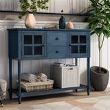 Charlton Home® Sideboard Console Table w/ Bottom Shelf, Farmhouse Wood/Glass Buffet Storage Cabinet Living Room (White) Wood in Blue | Wayfair