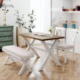 Sand & Stable™ Burnley 4 Pieces Farmhouse Rustic Wood Kitchen Dining Table Set w/ 2 X-Back Chairs and Bench Wood/Upholstered Chairs Wayfair