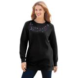 Plus Size Women's Fleece Sweatshirt by Woman Within in Black Floral Embroidery (Size 5X)