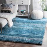 George Oliver Alexandro Striped Handmade Tufted Blue Area Rug Polyester in Blue/Brown, Size 60.0 W x 0.9 D in | Wayfair