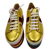 Gucci Shoes | Gucci Peggy Rainbow Metallic Nappa Silk Sneaker | Color: Gold | Size: 36