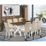 Winston Porter Aimee-Jo 9-Pc Dining Table Set - 8 Kitchen Chairs & 1 Modern Rectangular Distressed Jacobean Wood Dining Table Top w/ High Chair Back
