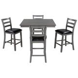 Qualfurn 5-Piece Gray Wooden Counter Height Dining Set with Padded Chairs and Storage Shelving