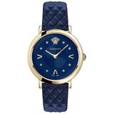 Pop Chic Lady Stainless Steel Leather Strap Analog Watch - Blue - Versace Watches