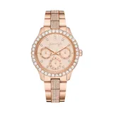 KENDALL + KYLIE Women's Rose Gold Tone Metal Mock-Chronograph Analog Watch with Stone Bezel, Pink