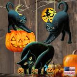 The Holiday Aisle® 3 Piece Spooky Cats Wooden Hanging Figurine Ornament Set Wood in Black/Brown, Size 5.0 H x 4.0 W x 0.25 D in | Wayfair