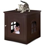 Costway Side Table Nightstand Decorative Cat House-Brown