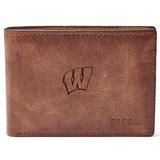 Men's Fossil Brown Wisconsin Badgers Leather Derrick Front Pocket Bifold Wallet