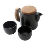 Midday Tea in Black,'Black Ceramic and Teak Wood Tea Set (Set for 2)'