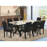 Lark Manor™ Carrion 8 - Person Acacia Solid Wood Dining Set Wood/Upholstered Chairs in White/Black, Size 30.0 H in | Wayfair
