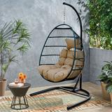 WELLFOR Single Seat Hang Porch Swing w/ Stand Wicker/Rattan in Black, Size 77.17 H x 43.31 W in | Wayfair OL-W302S00022