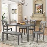 Gracie Oaks 6-Piece Wooden Kitchen Table Set, Farmhouse Rustic Dining Table Set w/ Cross Back 4 Chairs & Bench,Antique wash in Gray | Wayfair