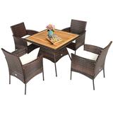 Costway 5 Pieces Patio Rattan Dining Furniture Set with Arm Chair and Wooden Table Top