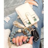 Aili's Corner Women's Key Chains INDIGO/CHAMPAGNE - Blue Leopard Beaded Stretch Bracelet & Champagne Key Ring Wallet